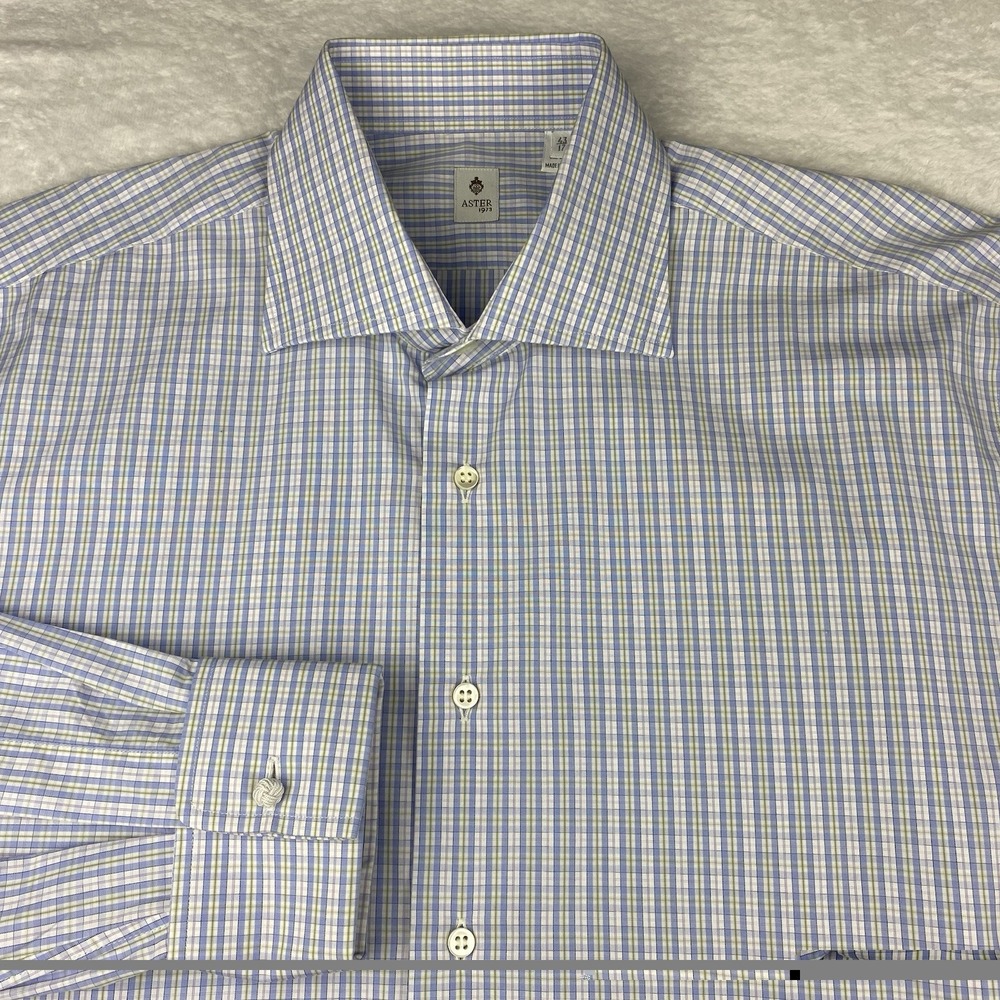 ASTER 1973 Dress Shirt Mens 17 (43) Blue/Yellow Plaid French Cuffs No Iron